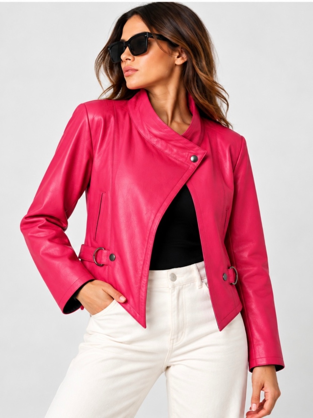 Vintage 80s Hot Pink Genuine Leather Jacket Asymmetric Moto Dolman Sleeve S USA